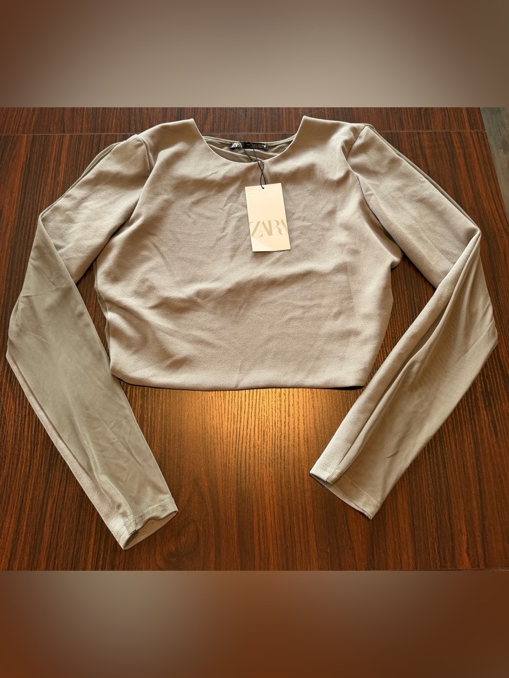 NWT Zara Women’s Brown Taupe Gray Open Back Ruched Long Sleeve Crop Top Size L